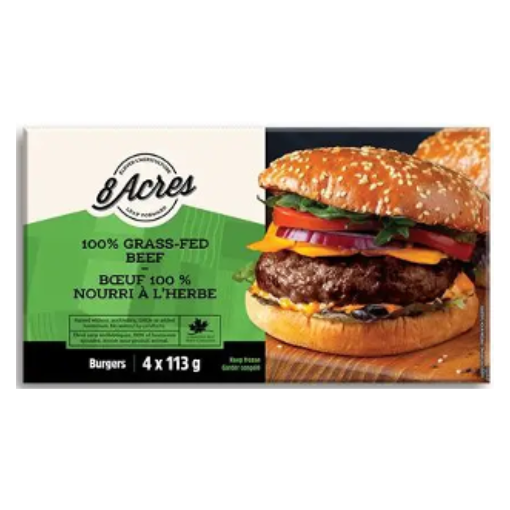 8 Acres 100% Grass-Fed Frozen Beef Burgers (4 burgers x 113g)