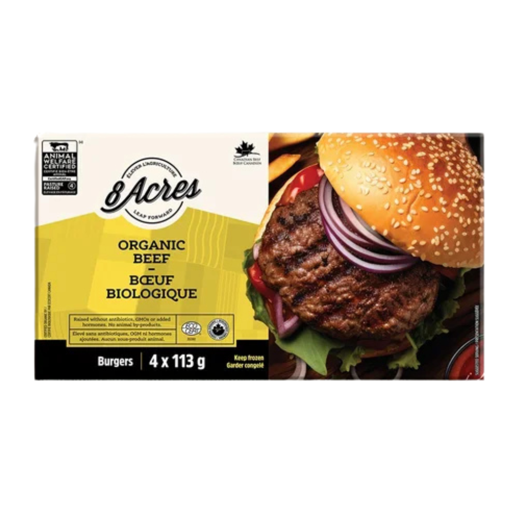 8 Acres 100% Organic Frozen Beef Burgers (4 burgers x 113g)